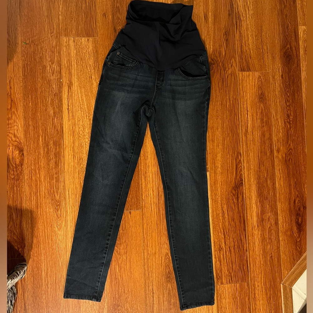 Maternity skinny jeans dark blue denim stretch over bump size 27 like new